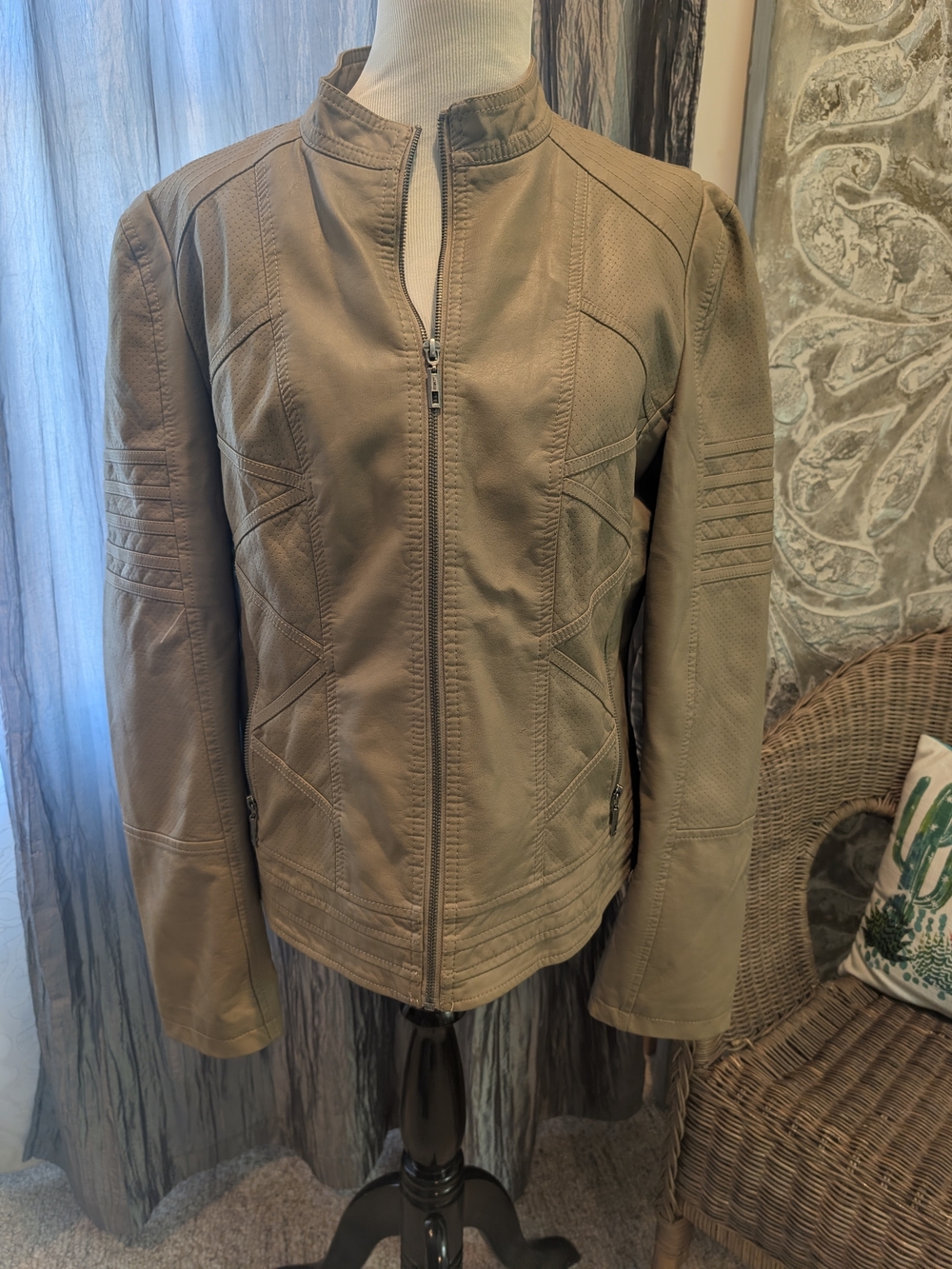 Lock & Love XXL Taupe Faux Leather Moto Jacket Perforated Biker